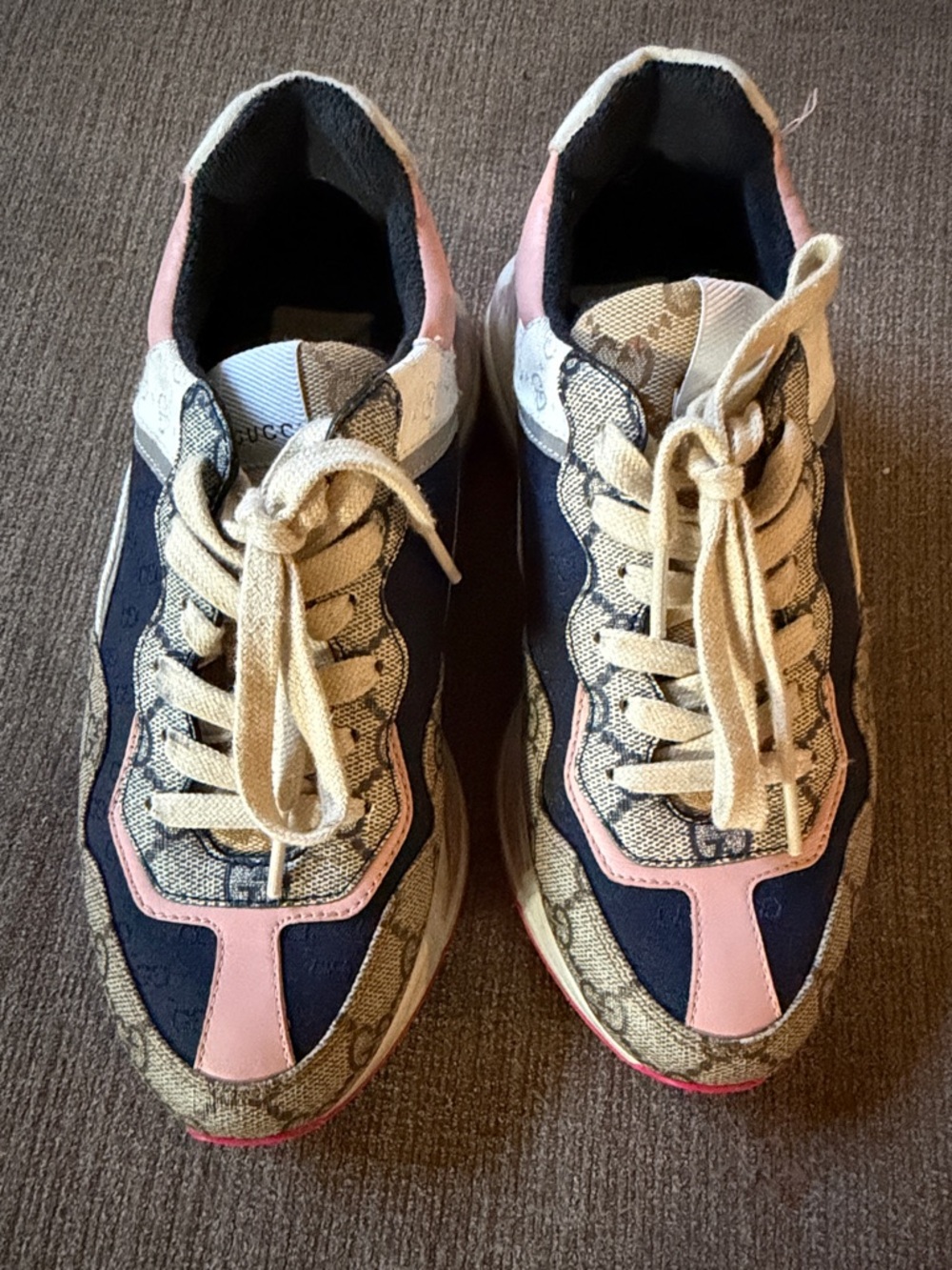 Gucci Runner Sneakers in Navy, Pink and Beige GG Canvas